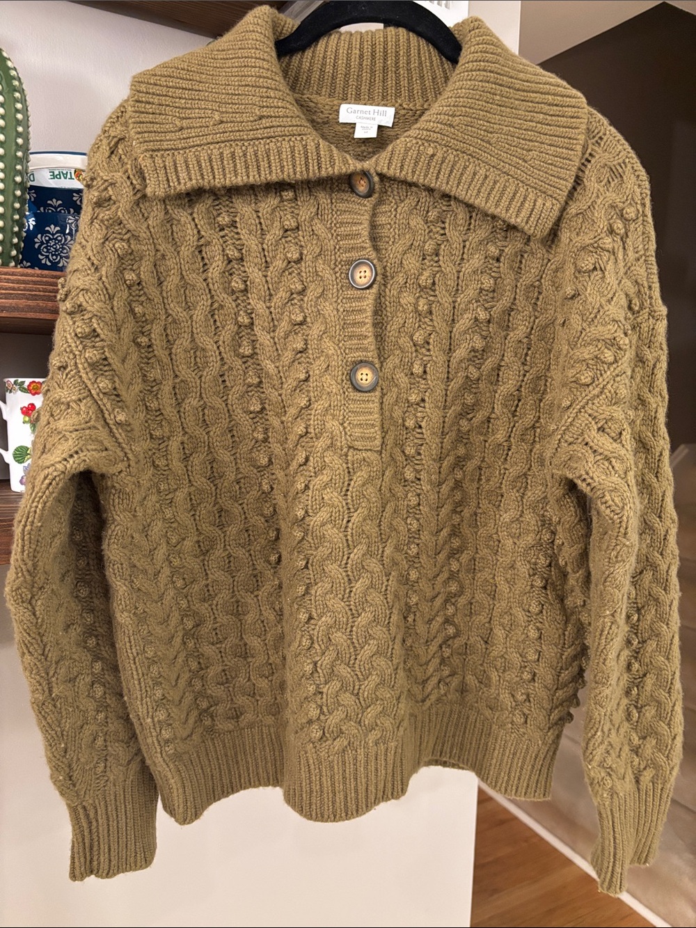 Garnet Hill Cashmere Cable Knit Shawl Collar Sweater in Olive – Medium
